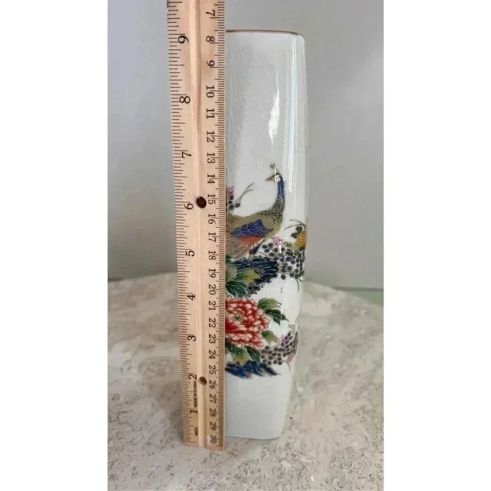 Satsuma Cream Vintage Japanese Peacock Yamahiro Toen Crackle Glass Tapered Vase‎